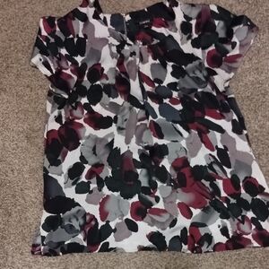 Worthington Burgundy, Black & Gray Abstract Cap-Sleeve Blouse